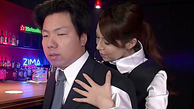 Japanese MILF Rino Asuka gets naughty at the bar with a small dick sucking session and feet action