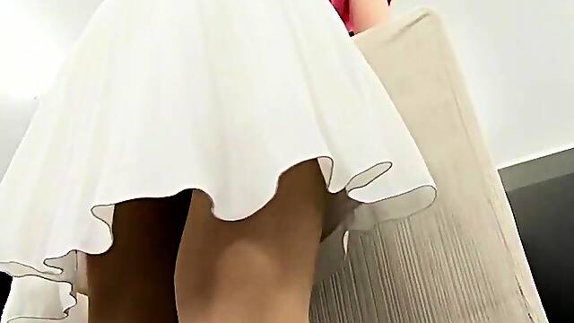 Sexy slender Japanese teen in pantyhose voyeur upskirt