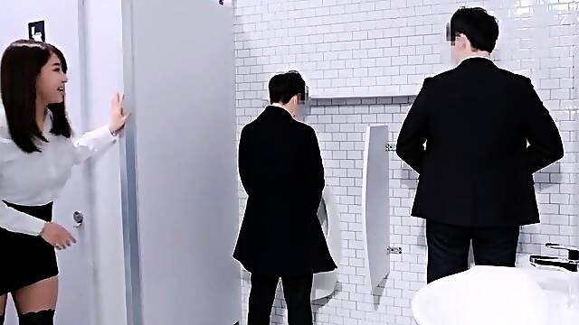 Lustful Asian babe stuffed with cock in the mens bathroom