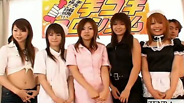Subtitled Japanese amateurs handjob game with cumshots