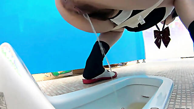 Hairy Asian babes close up caught on camera peeing in toilet