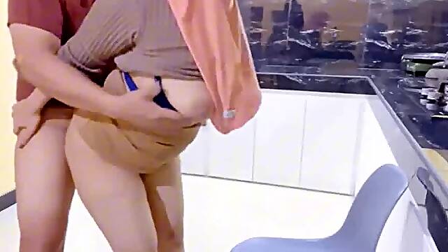 Big Ass Hijab Maid Catches Boss Masturbating in the Kitchen Asian