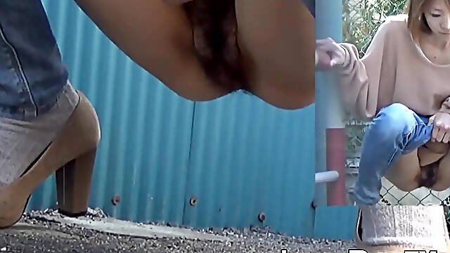 Brunette babe pees in public