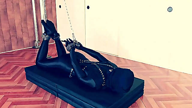 Asian babe in mask gets blindfolded, tied up, and hogtied in crazy bondage