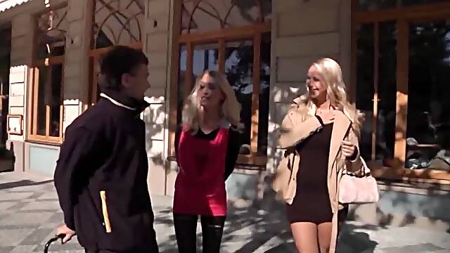 Two blondies picking up stranger for car fucking and cum