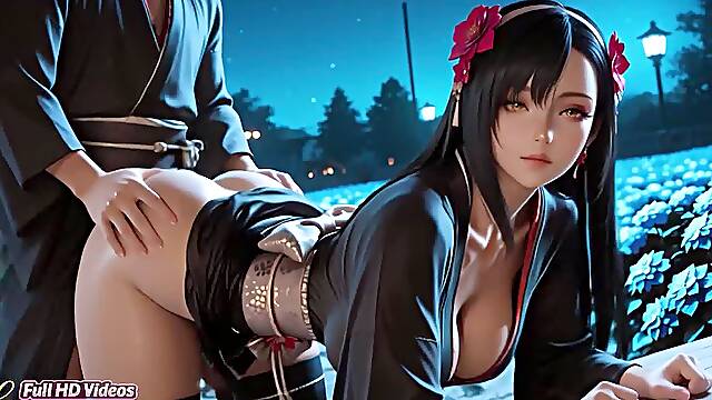 Tifa Lockhart Final Fantasy. Night Secrets of the Lewd Garden. Ai generated. 3D Hentai