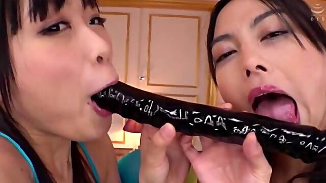 Two Japanese models have fun with a double-sided dildo - Usui