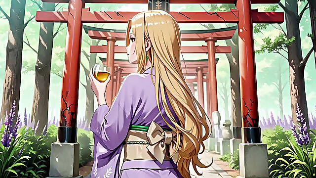 Blonde in Lavender! Kneeling barefoot under the red Torii gate, her andouf fluttering in the breeze.