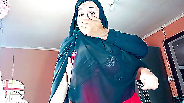 Muslim stepmother in a hijab fucking in the kitchen