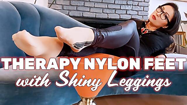 Therapy Nylon Feet With Shiny Leggings And Dangling Red Bottoms Asian Doiminatrix Asian Femdom MzKim Mistress Kim Shoe Dangle Nylon Feet Louboutins