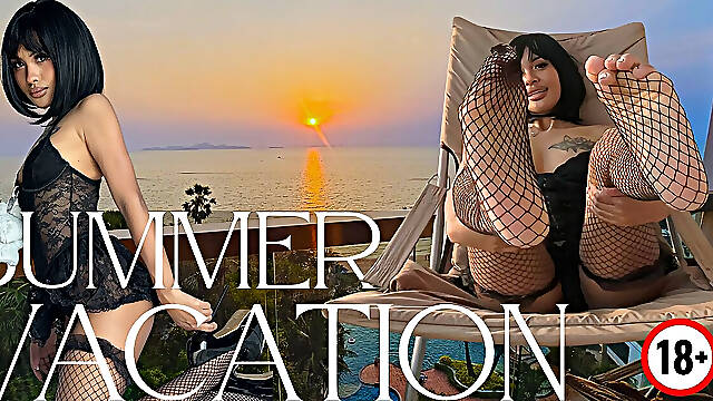 Cute Asian in Black Lace Lingerie Sways Hips on Oceanfront Balcony