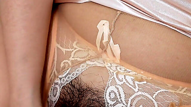 Lewd Married Wife Tears Open Flesh-colored Pantyhose Exposing Her Wet Pussy and Slowly Masturbates